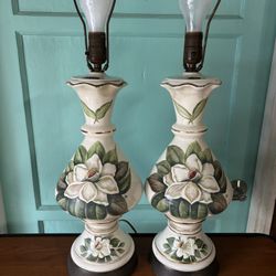 Pair of vintage hand-painted, signed porcelain table lamps