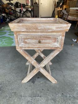 Rustic Whitewashed X-Base Side Table w/ Drawer & Tray Top Furniture