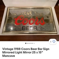 Vintage 1988 ADOLPH COORS BEER Bar Sign Mirror in Frame 25" x 15"

