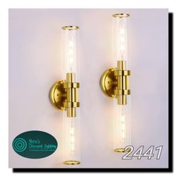Mecuss Bathroom Vanity Light fixtures -2 Pack: 21.3in Clear Glass and Elegant Brushed Gold Brass Finish, 2 Light Vintage Bathroom Wall Sconces