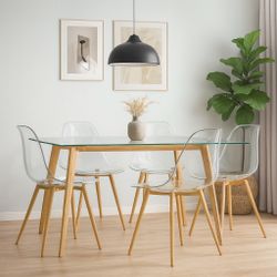 Set Of 4  - Transparent / Clear Dining Chairs with Dark Wood  / Brown Plated Metal Legs [NEW IN BOX] **Retails For $330