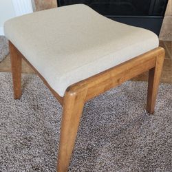 Wood And Tan Beige Fabric Ottoman Footstool