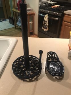 Blue paper towel holder and spoon rest.