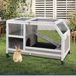 36''L Rabbit Hutch Outdoor with Casters and Run, Wooden Indoor 2 Story Guinea Pig Cage with Divider Panel, Pull Out Tray, Rabbit Duck Bunny House for 