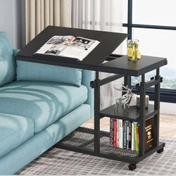 Height Adjustable C Table with Wheels, Mobile Couch Snack Side Table with Tiltable Drawing Board, Sofa Bedside Laptop Stand C Shaped TV Tray with Stor