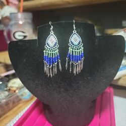Blue And Green Beaded Drop Earrings Stainless Steel