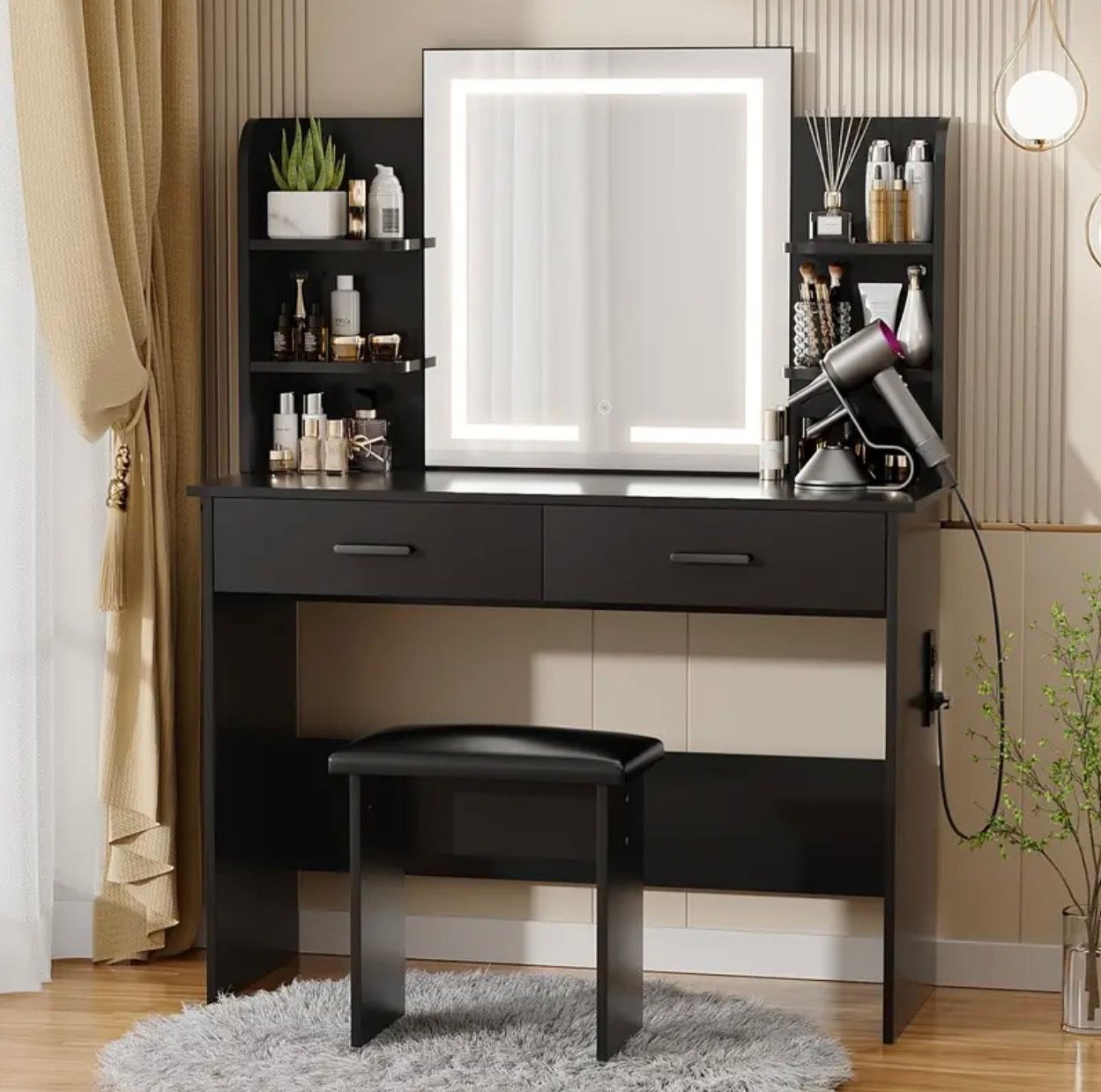 42.5” MakeUp Vanity Table with Lighted Mirror, 2 Drawers, Shelves And Stool