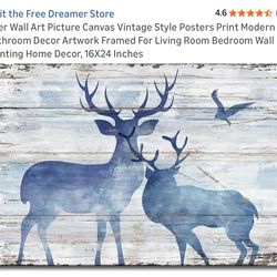 Deer Wall Art Picture Canvas Vintage Style Posters Print Modern Bathroom Decor Artwork Framed For Living Room Bedroom Wall Painting Home Decor, 16X24