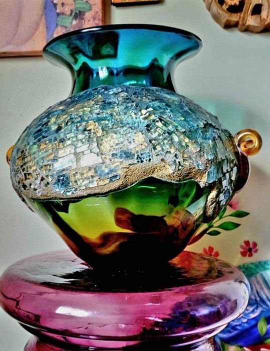Vintage Blanko Blown Glass Vase Green Purple Blue 2003 Signed ,11"