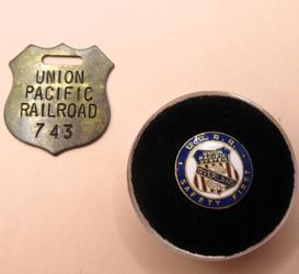 Union Pacific Railroad Brass Tag and "Overland Route" Safety Lapel