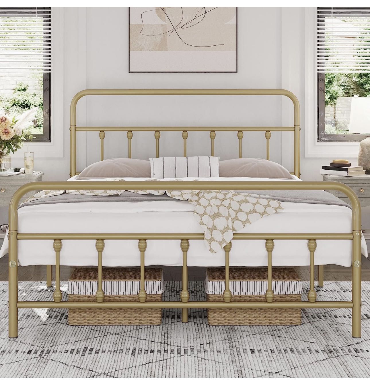 Classic Metal Platform Bed Frame Mattress Foundation with Victorian Style Iron-Art Headboard/Footboard/Under Bed Storage No Box Spring Needed Full Siz