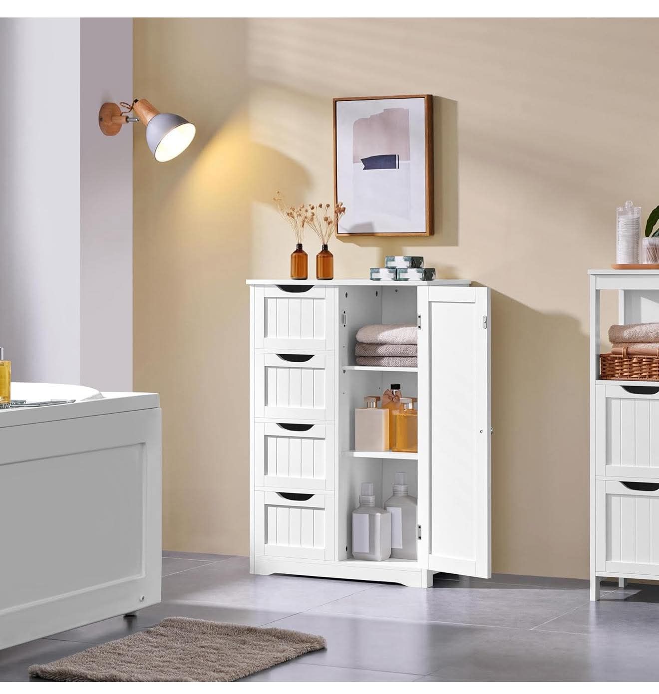 Wooden Floor Cabinet, Side Storage Organizer with 4 Drawers , White S-33