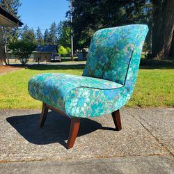 Mid Century Modern Blue Floral Rocking Lounge Chair Vintage 