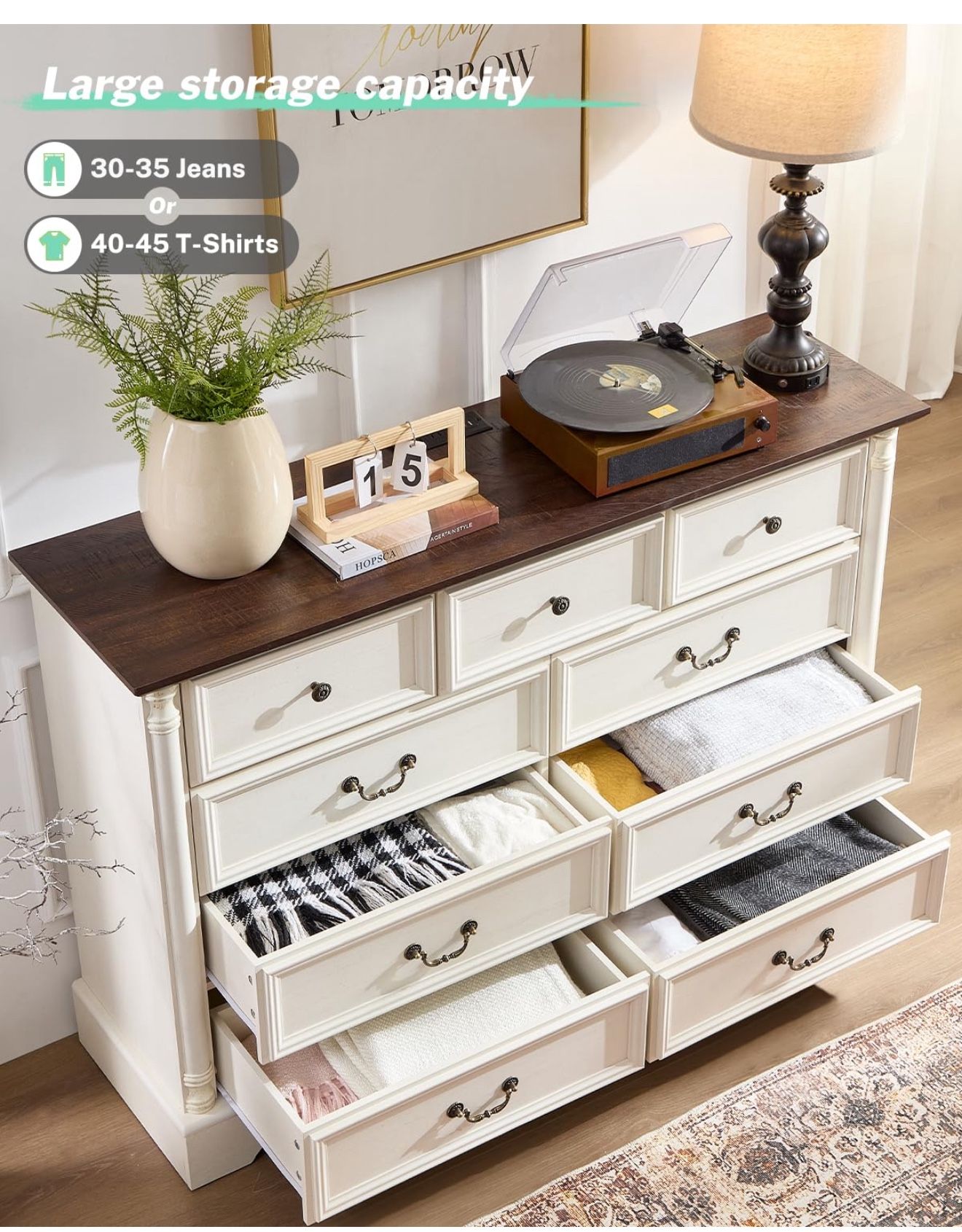 9 Drawers Dresser, 54" Wide Farmhouse Chest of Drawers with Charging Station, Distressed Finish Design, Modern Storage Dressers Organizer TV Stand for