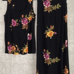 VTG Pamela.B Button Up Blouse/Side Button Blk Floral Maxi Skirt Set Size 6.