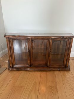 Vintage Wood Display Cabinet with Glass Doors