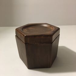 Vtg Hexagon Brown Ceramic Jar with Lid