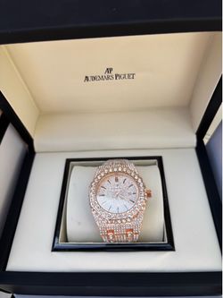 Men’s iced out rose gold watch with box and papers