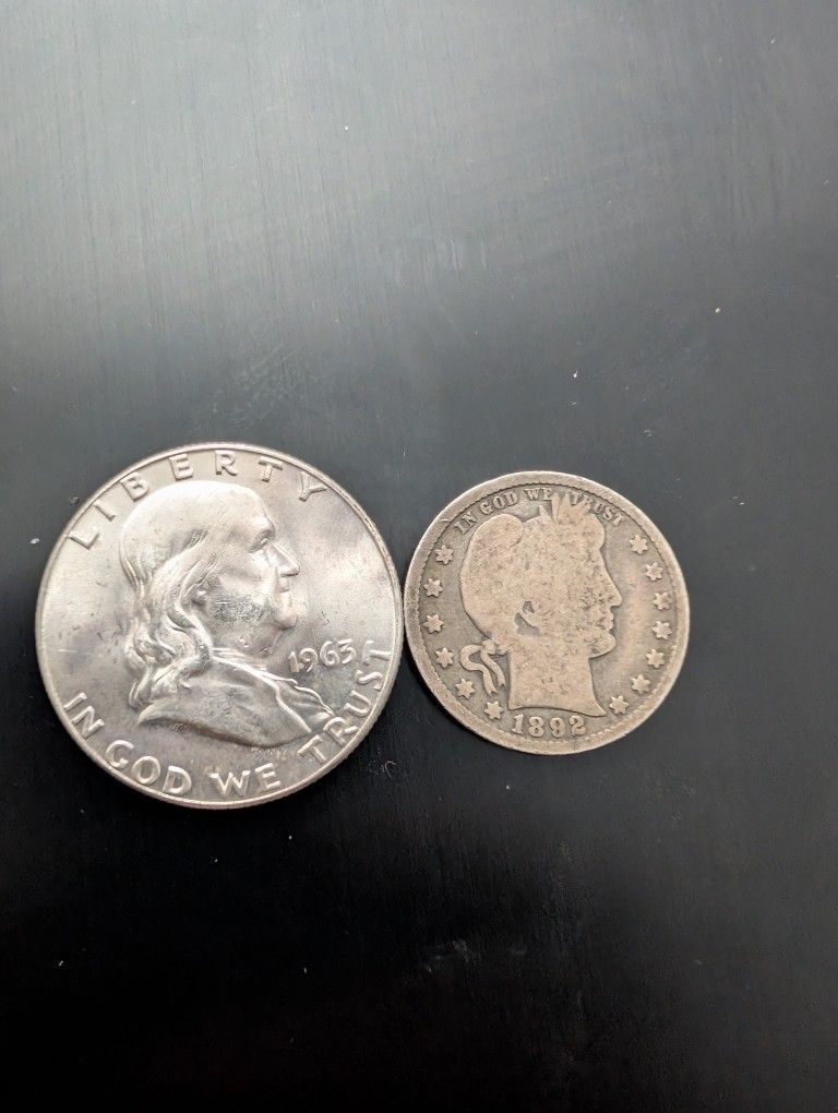 1892 Barber Quarter And 1963d Unc. Franklin Half Dollar Coin Duo