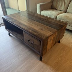 Industrial Rustic Finish Wood Coffee Table with a Drawer Very Good Condition 