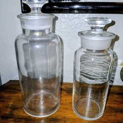 2 Apothecary Chemist Glass Ground Neck And Stoppers