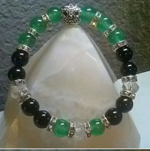 Owl Green Aventurine & Black Agate Crystal Healing. Energy Bracelet