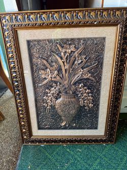 Large Framed 3D Copper Metal Relief Wall Art – Vase with Flowers