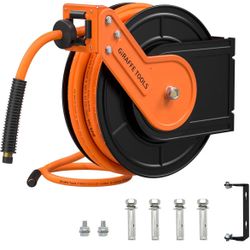 Giraffe Tools Retractable Air Hose Reel, 3/8" Hybrid Hose, Air Compressor Heavy Duty Steel Reel Auto Rewind 300PSI, Wall Mount with Swivel Bra=A7-521