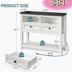 😀 Farmhouse Entryway Table with 2 Drawers, White Console Table with Power Outlets and LED Strip, Narrow Rustic Sofa Table with Storage Shelf