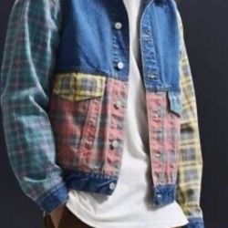 $15 Urban Outfiitters Mens Printed Multi Color Blo ck I Denim Trucker Jacket Multicolor/ Large