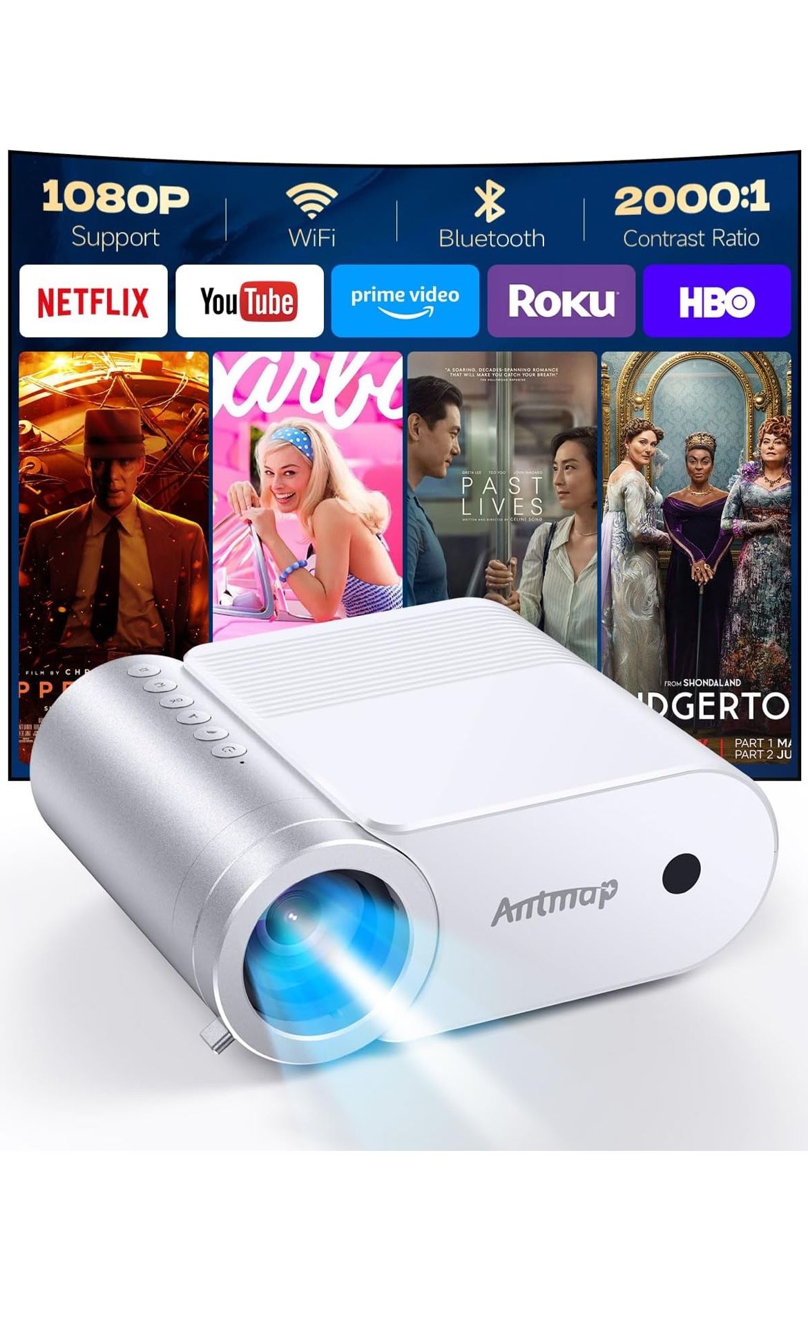 Mini Projector with WiFi and Bluetooth, Portable Projector for iPhone 1080P Support Outdoor Projector Wireless WiFi Projectors for Bedroom, Compatible