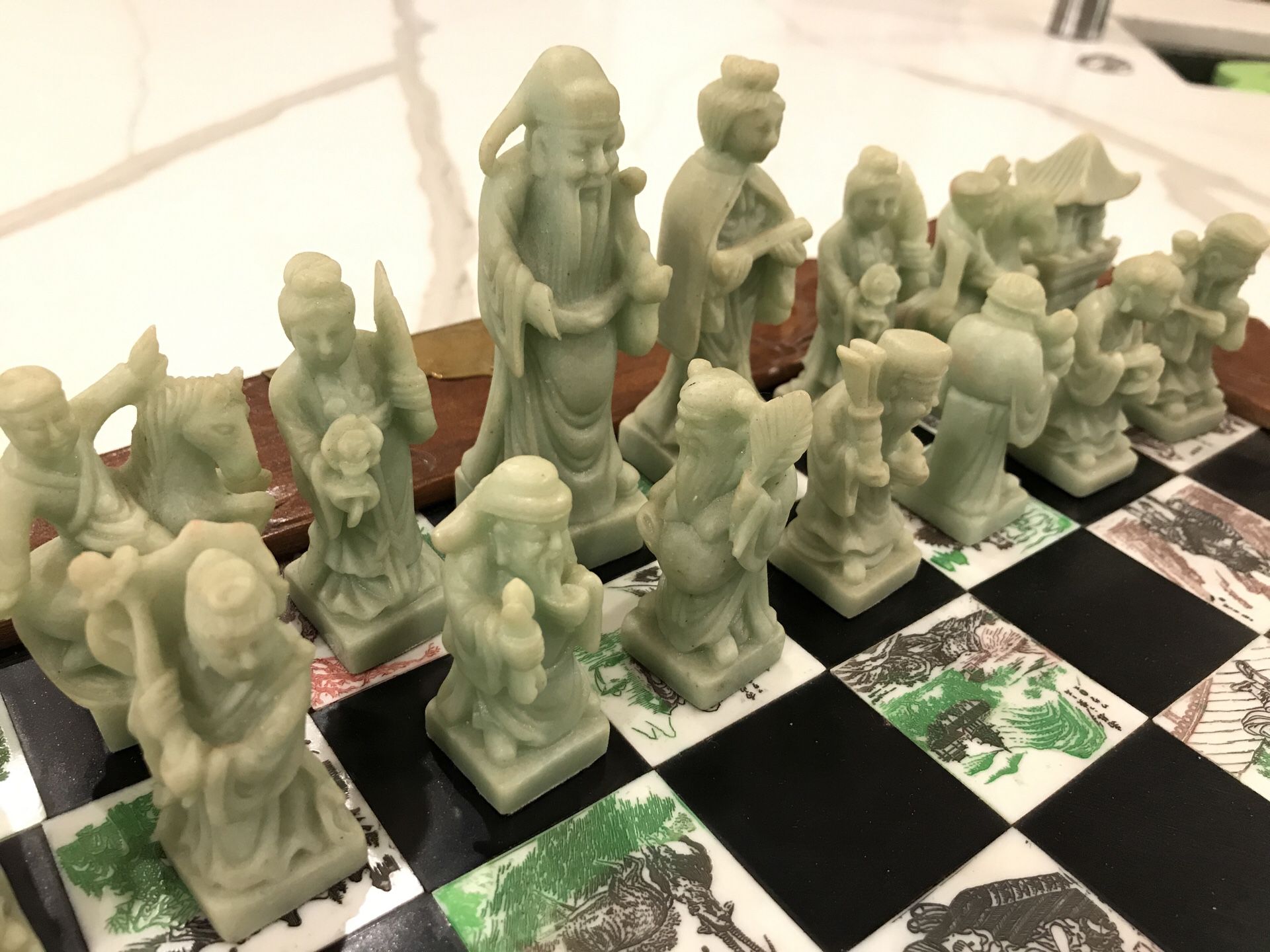 Chinese Asian Figure Chess Board Game Set Carved Dragon Wood Case Inlaid Tile.