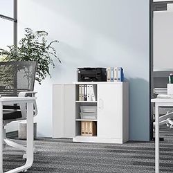 Metal Storage Cabinet-36” Tall Steel File Cabinet with Lockable Doors and Adjustable Shelves-White Steel Storage Cabinet for Home, School, Office, Gar