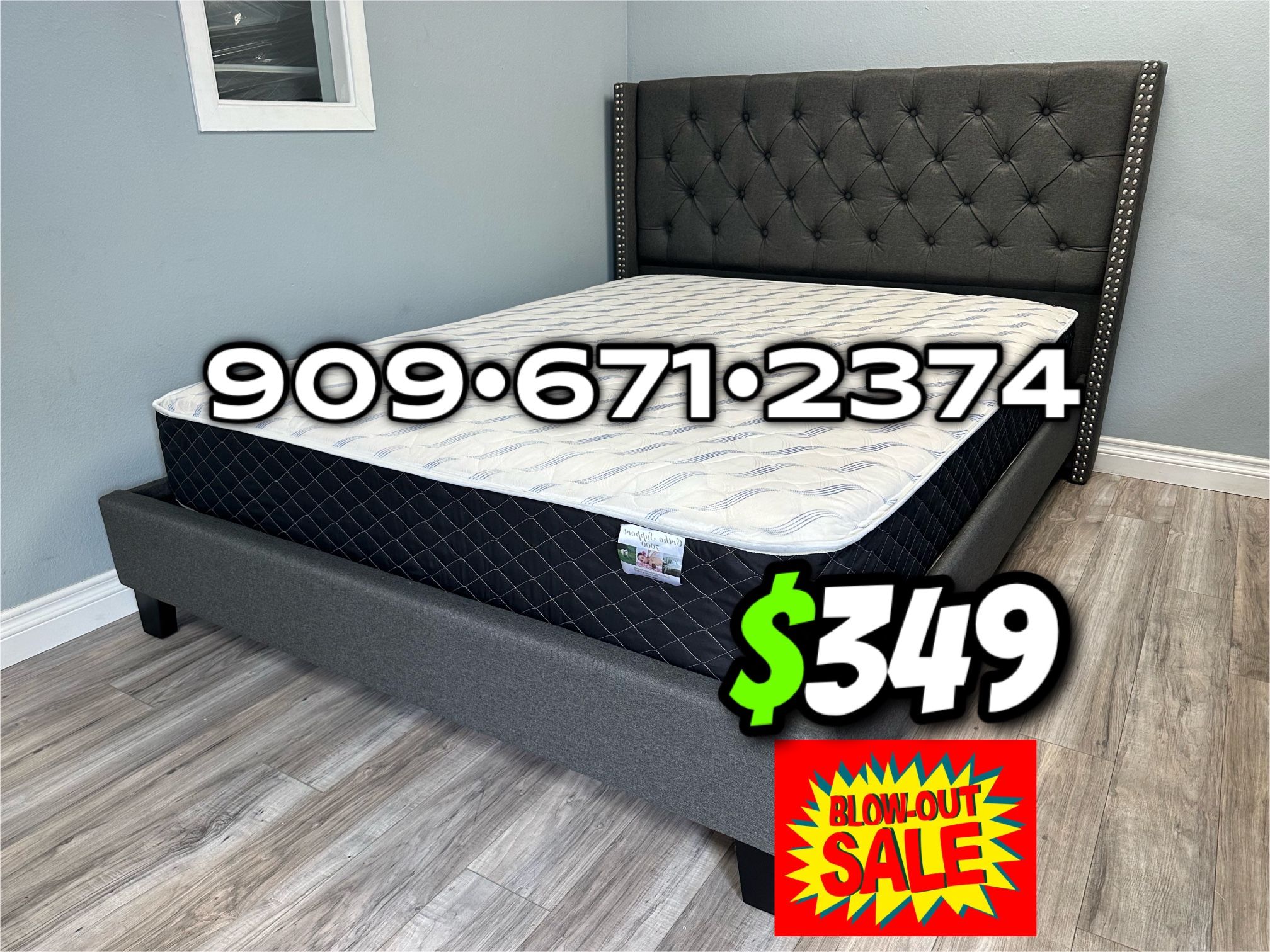 Queen Gray Wingback Button Tufted Bed w. orthopedic Mattress included