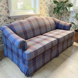 Vintage Blue Plaid Loveseat – Rolled Arm Cottage Sofa With Sleeper