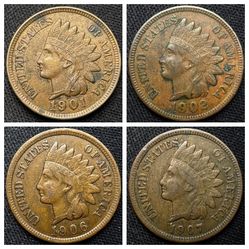 Indian Head Cents Full Liberty’s Even Pearls! 1901, 1902, 1906, 1907 Beautiful!