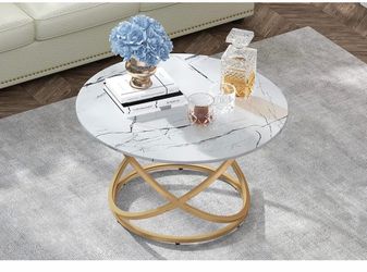 Round Coffee Table for Living Room, Faux Marble Veneer Top Coffee Table with Ring-Shape Frame, White & Gold Mesa de centro con efecto mármol