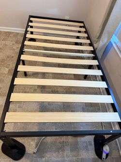 Black Metal Bed Frame with Wood Slats