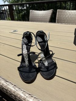 GIUSEPPE ZANOTTI Black Satin Crystal Embellished Sandals, Size 37