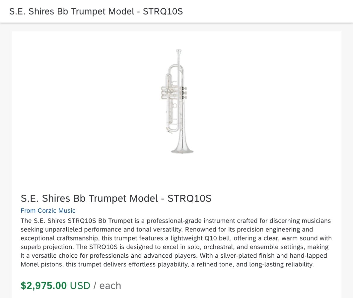 NEW PROFESSIONAL TRUMPET S.E. Shires Bb Trumpet Model - STRQ10S
