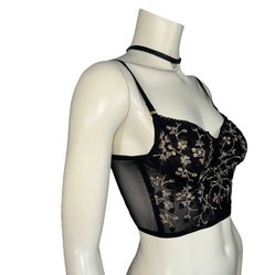 Wild Black Floral  embroidery Corset Balcony Bra Size S  