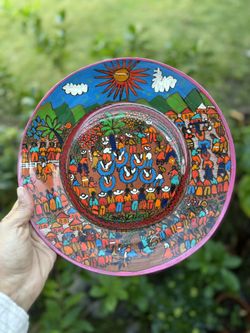 Vintage Mexican Folk Art Pottery Clay Wall Plate 