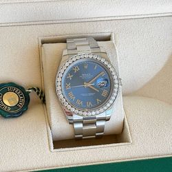 Rolex Datejust 41mm Blue Azzurro Roman Dial 116300 Natural Diamond Bezel Steel Oyster Watch Box Booklets Appraisal Papers