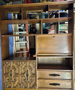 Vintage Wood Wall Unit with Carved Cabinet