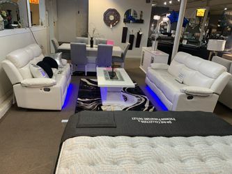 Leather White Reclining Sofa & Loveseat Set w/ Blue LED $10 Down