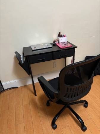 Desk, chair, twin bed frame, and 2-panel room separator