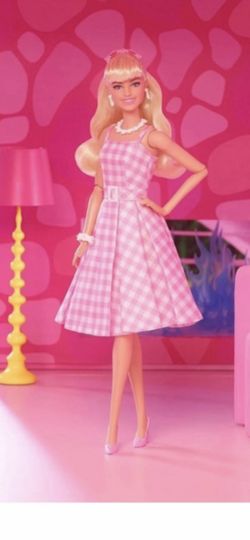 open lace back dress Pink and White Barbie Same Style Plaid Halter Classis Style 1950s Vintage Dress, Pink / S