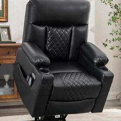 Large Power Lift Recliner Chair, Black Leather Like New 