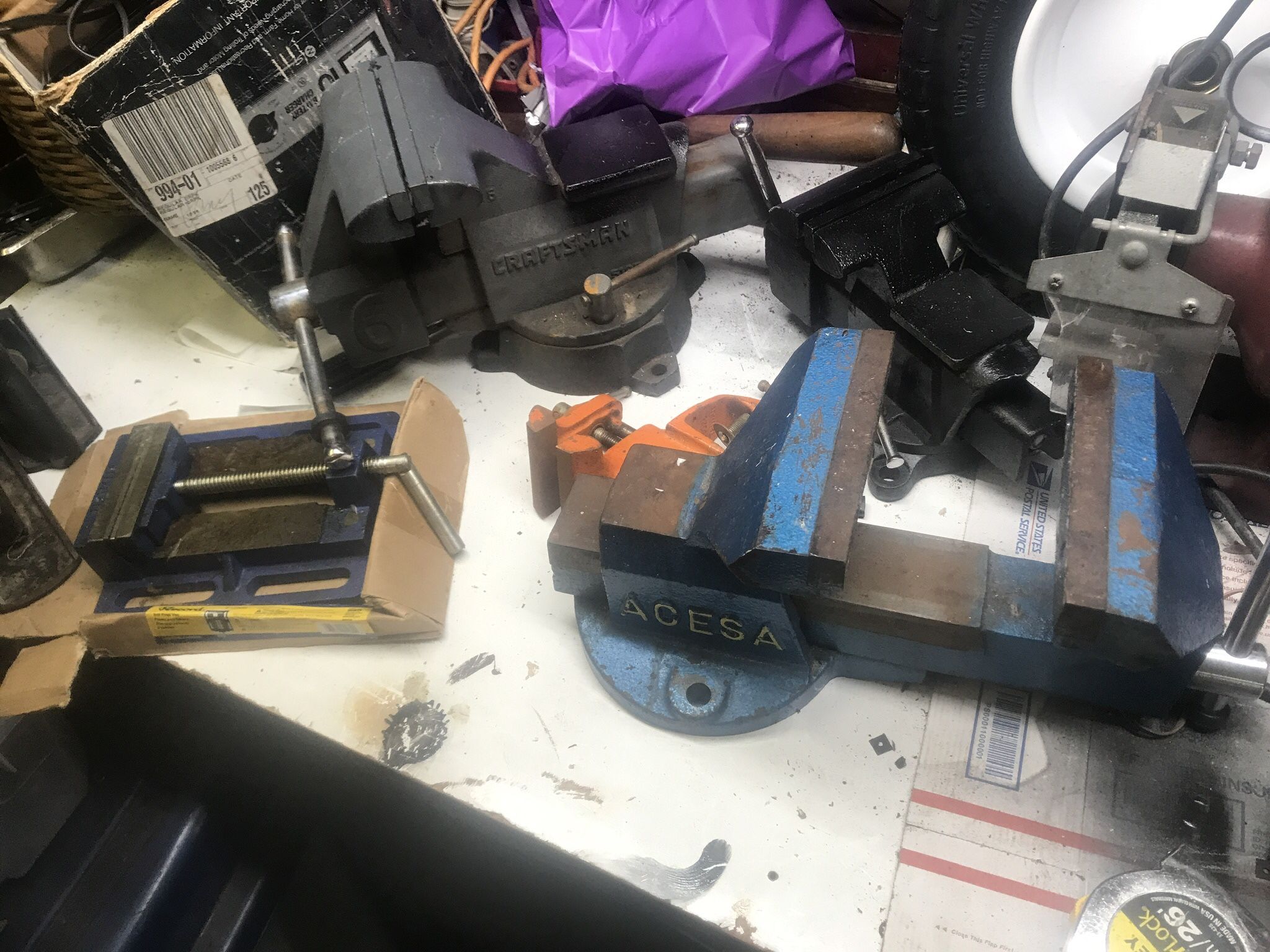 5 Vises Craftsman 6 1/2” $110, Spanish 6” $65, Irwin Drill Press Type Vise $25 Pony4” $40 & Clam-on $15