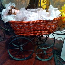 Wicker Stroller with Porcelain Doll 